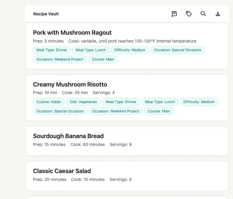 Recipe vault showing a collection of saved recipes