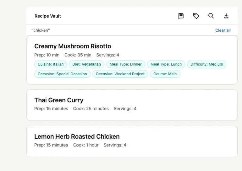 Search results filtering recipes by keyword